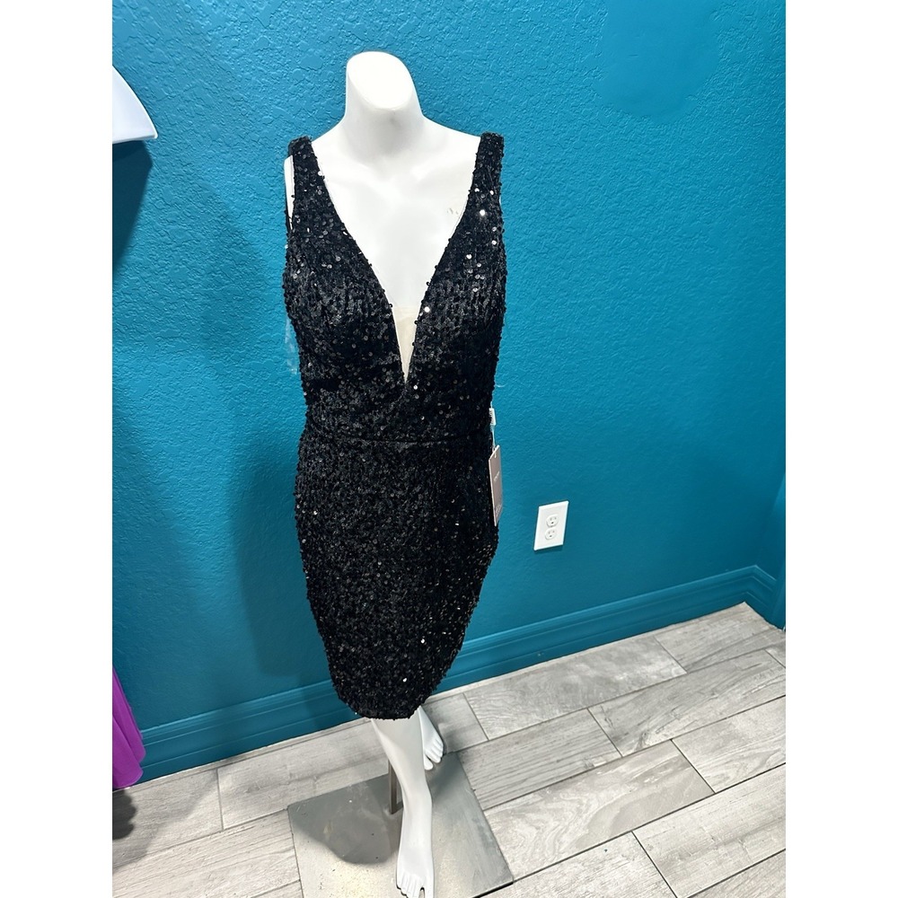 NWT Stacees Formal Black Sequined Deep V Bodycon XS